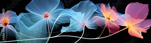 3D rendering of neon glowing flowers on a black background photo