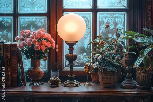 Ornate vintage wallpaper and classic floral patterns beautify the Victorian house with soft, intricate lighting photo