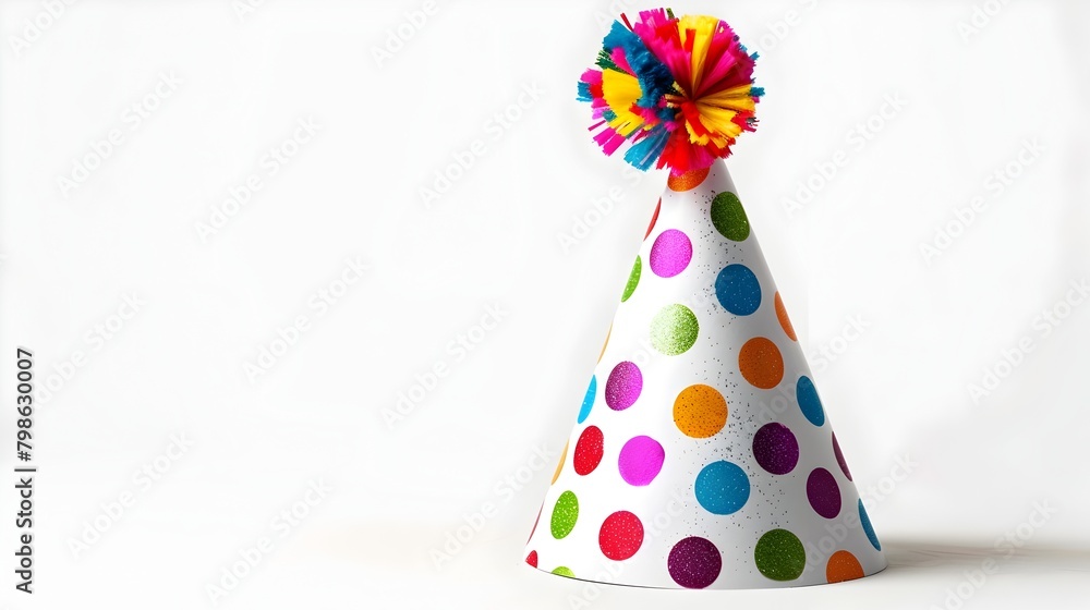 Colorful Polka Dot Party Hat with Playful Pompom against Pure White Background Colorful Polka Dot Party Hat with Playful Pompom against Pure White Background