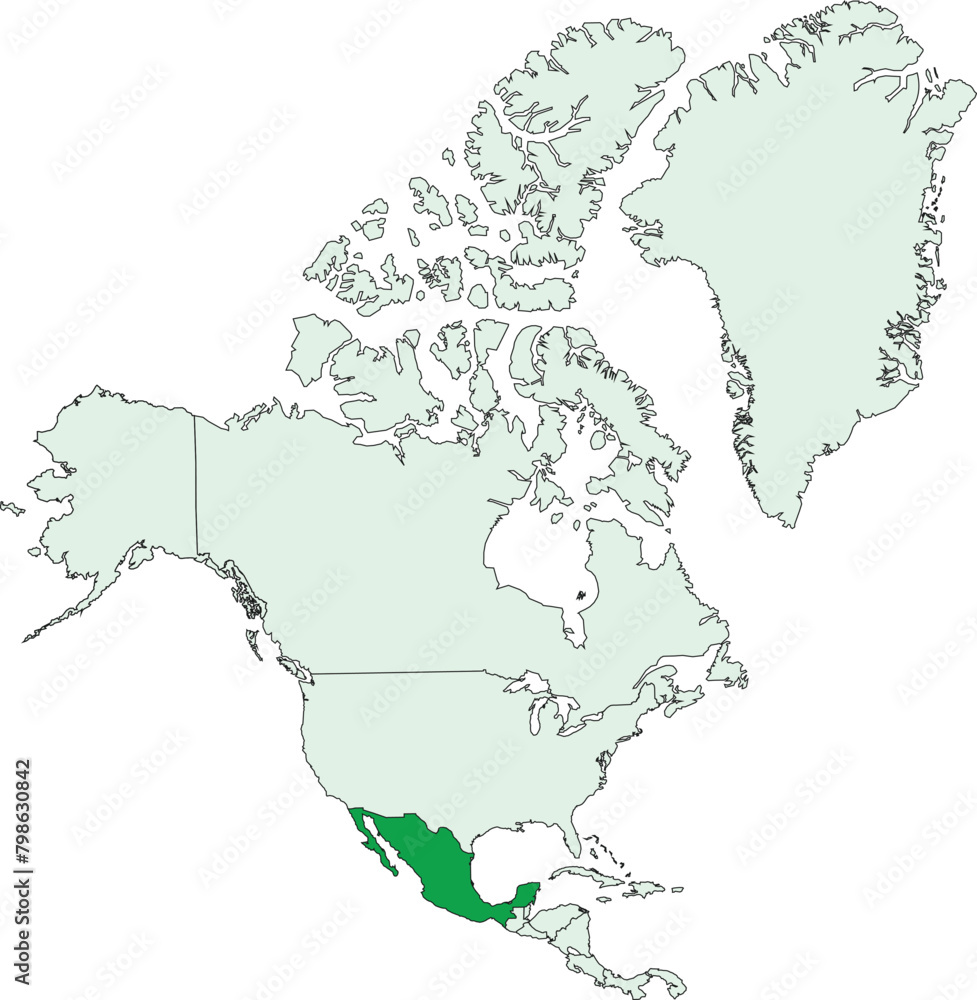 Dark green blank political map of MEXICO with black borders on transparent background using orthographic projection of the light green North American continent