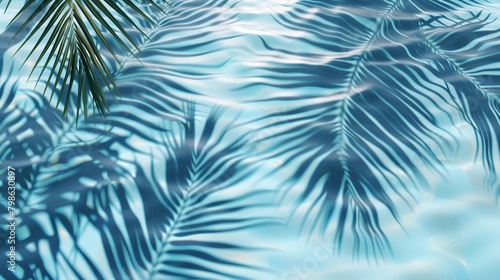 Surface of blue water with shadow from palm leaf  abstract summer fresh background.