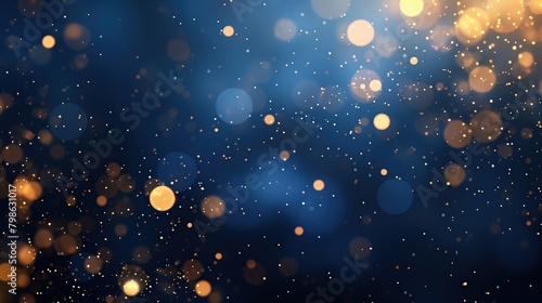 Golden light shine particles bokeh on navy blue background. Holiday concept.