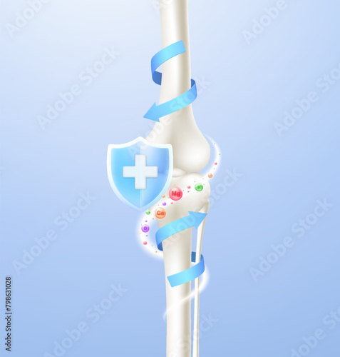 Vitamin therapy treatment and protection of bones. Knee joint with shield sign. Concept medical services, food and vitamins for joints. © Ramcreative
