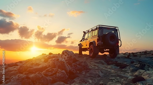 Rugged Off-Road SUV Navigating Dramatic Rocky Landscape at Epic Sunset