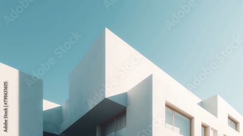 Photo of minimalistic geometric architectural building structure with white color and blue sky. Image of modern house with white color in square design with blue clear sky. Modern home concept. AIG42.