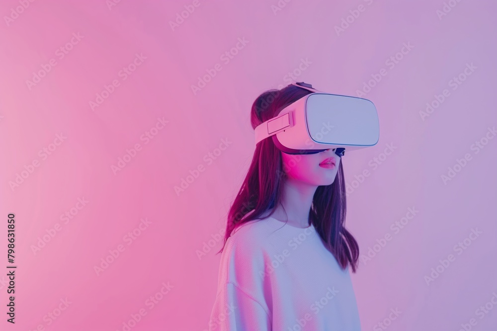 Young woman wearing a virtual reality headset isolated on a pastel background. Copy space, flat lay. Young woman wearing a virtual reality headset isolated on a pastel background. Copy space, flat lay.