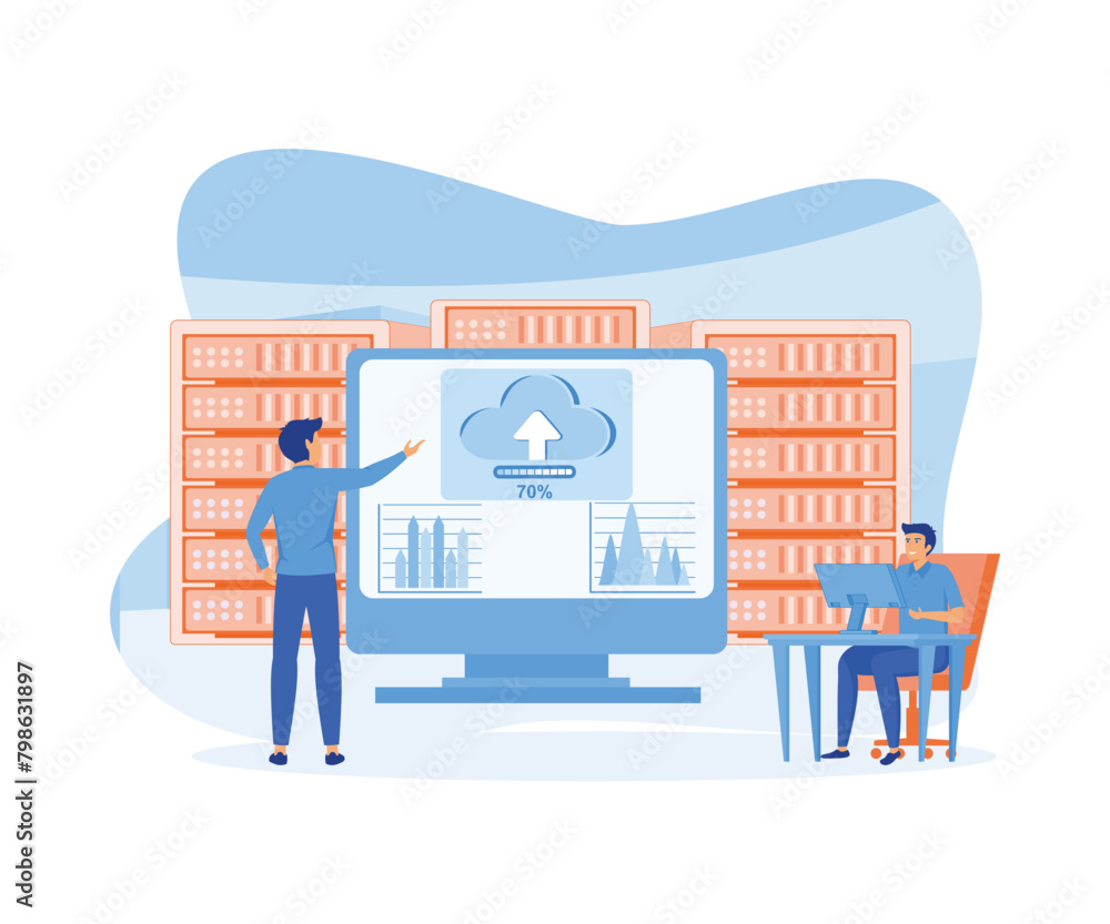 Business technology cloud computing service concept and datacenter storage server connect on cloud with administrator and developer team working on dashboard monitor concept.