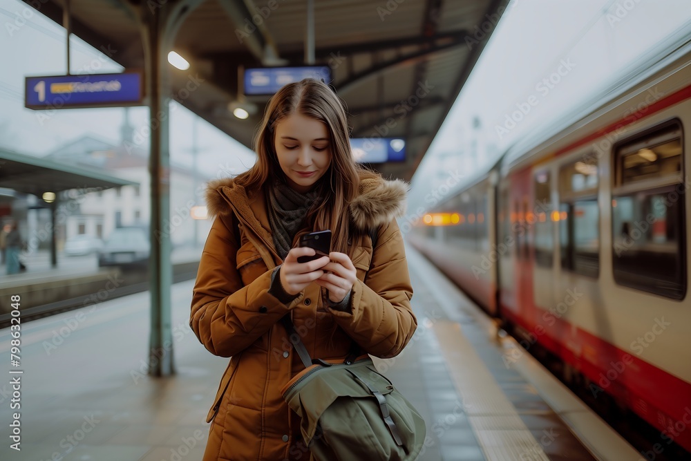 Fototapeta premium young woman standing near the train station and looking at her phone