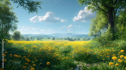Sunlit Meadow: A Vibrant Field of Yellow Flowers and Dandelions Under a Blue Sky