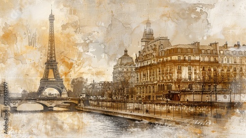 Fototapeta Naklejka Na Ścianę i Meble -  A classic Parisian street scene sketch, detailed and sepia-toned, exhibited in a heritage gallery ambiance