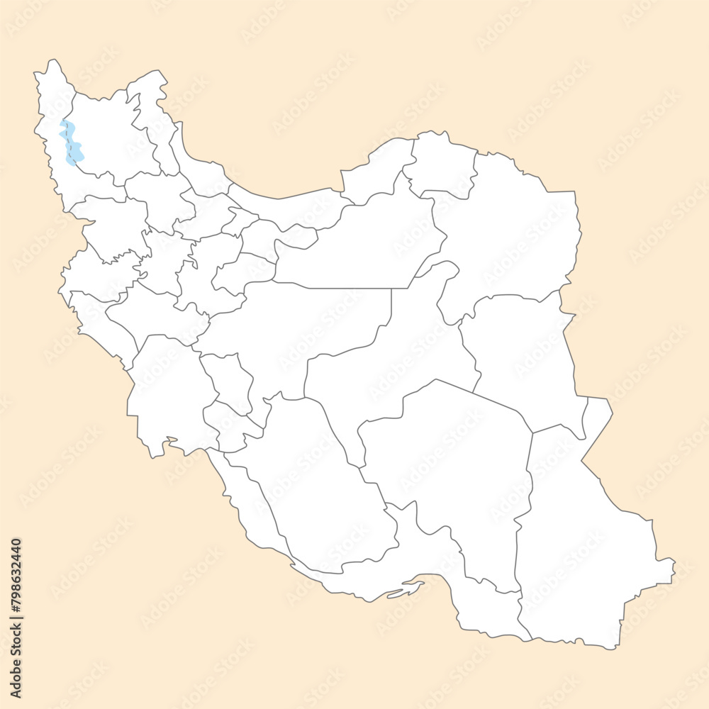 イラン・イスラム共和国の白地図、州境入り、ウルミエ湖