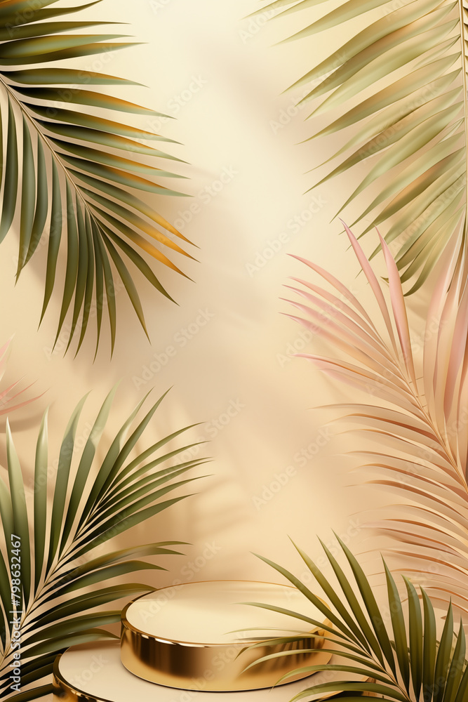 Podium against a background of palm leaves. Mockup.