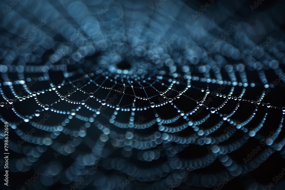 A spider web with water droplets on it A spider web with water droplets on it