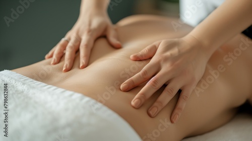 close up of the skilled therapist's hands performing a back massage on a woman with gentle and soothing touches