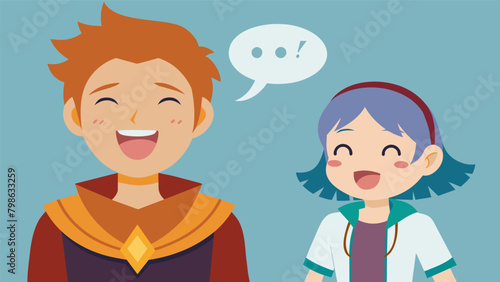 A young cosplayer excitedly tells an older cosplayer that they were inspired to attend the convention and cosplay for the first time because they saw. Vector illustration