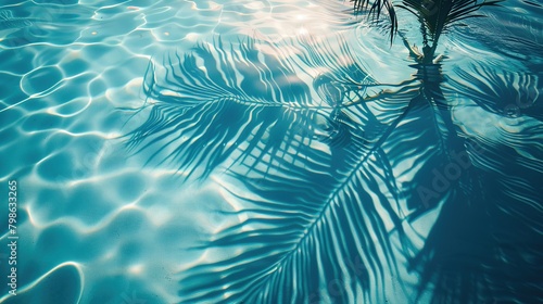 Water surface with Tropical leaf shadow. Shadow of palm leaves on blue water  Spa background.