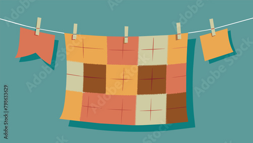 A frayed quilt hung on a clothesline evoking images of a simpler time and stirring up stories of hardworking ancestors.. Vector illustration