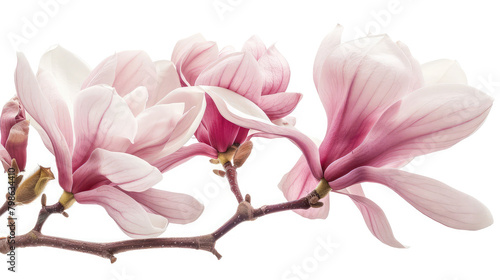 Elegant magnolia branch on white  Springtime background with tender pink magnolia  Pink magnolia flowers in bloom  Delicate magnolia  artistic portrayal  Spring flowers  Flat lay  top view 
