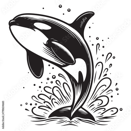 Line art of Orca whale or killer whale cartoon jumping from the sea vector