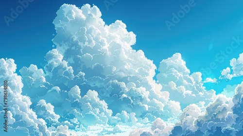 Fluffy white clouds float in the blue sky