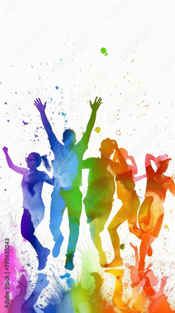 Rainbow people dancing and having fun, rainbow colors and white background, LGBTQ pride festival. 