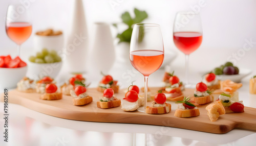 A glass of rose wine with crackers  cheese  and grapes on a white background