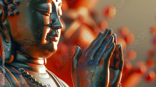  close-up of ceramic Buddha, benevolent face, meditating, hands clasped in front, hand holding rosary