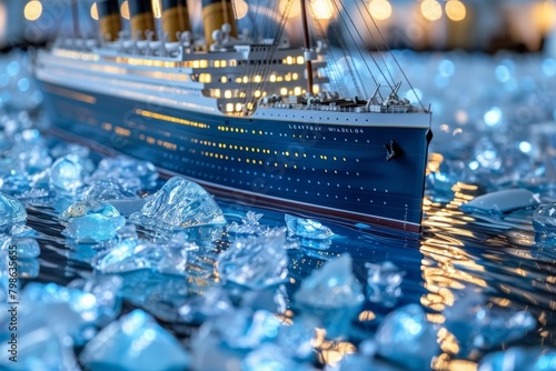 Close-up of titanic ship sailing in north atlantic ocean among icebergs with neon lights in evening photo