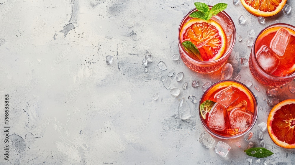 Red cocktail with Campari or bitter, Spritz with Sicilian red oranges on light gray concrete background, copy space. Red cocktail with Campari or bitter, Spritz with Sicilian red oranges on light gray concrete background, copy space.