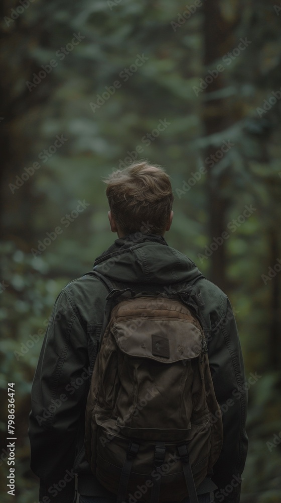 a daytime, rear-facing, candid, and incredibly detailed picture of a man strolling through a forest