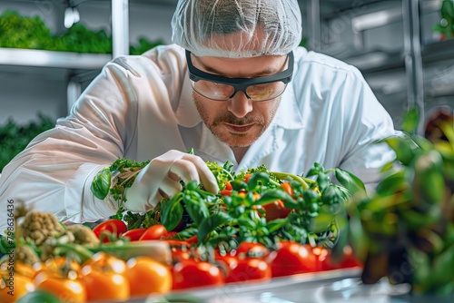 A meticulous food scientist evaluates the quality of fresh vegetables in a controlled laboratory environment.