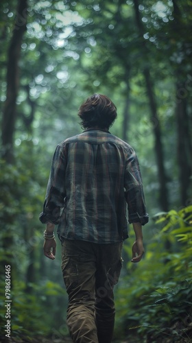 a daytime, rear-facing, candid, and incredibly detailed picture of a man strolling through a forest