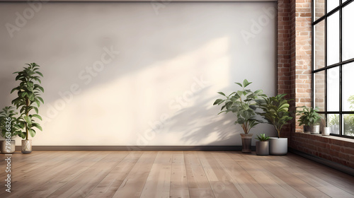 Empty room of modern contemporary loft with plants on wooden floor. 