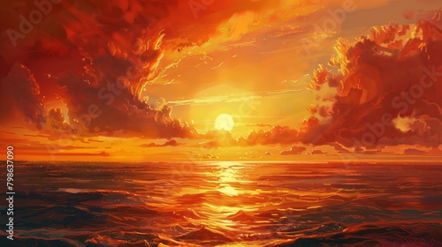 The setting sun casts a warm glow on the horizon, painting the sky in vibrant hues of orange.