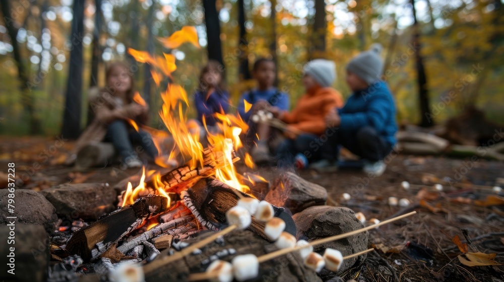 Obraz premium Parents and children roasting marshmallows over a campfire at a campground during their road trip.