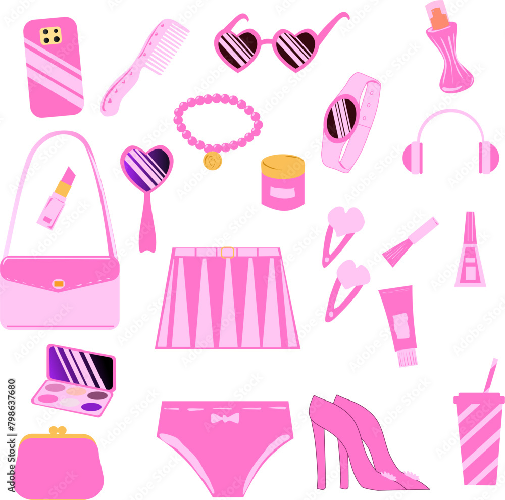 set of trendy pink accessories in 2000s style. items for princess girls or dolls. . Vector illustration in cartoon garish style. set of trendy pink accessories in 2000s style. items for princess girls or dolls. . Vector illustration in cartoon garish style.