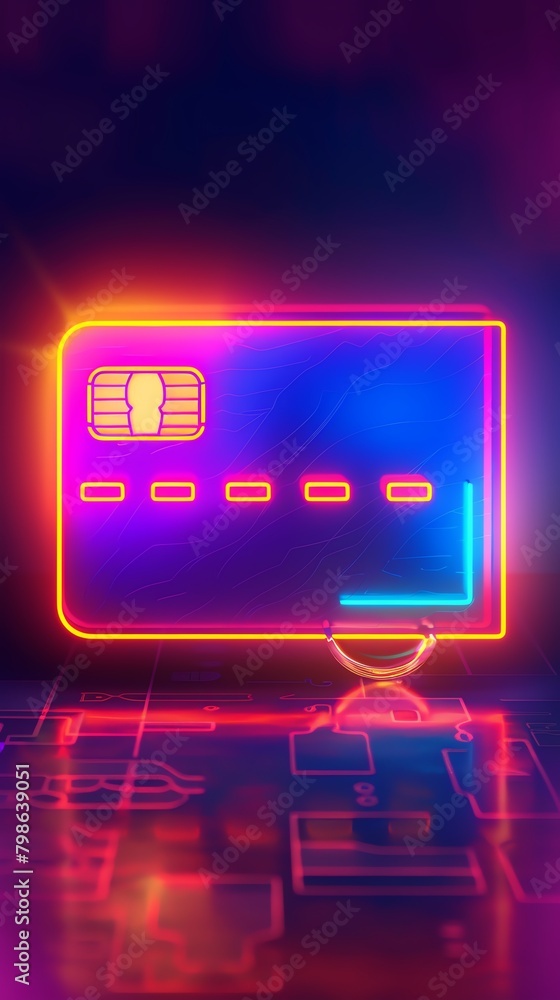 Futuristic neon icon of a credit card, symbolizing consumer credit and financial transactions Futuristic neon icon of a credit card, symbolizing consumer credit and financial transactions