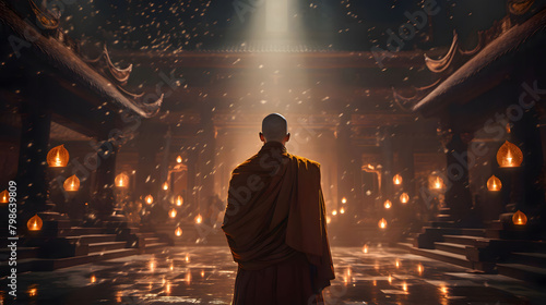 Buddhist monk in meditation on temple background