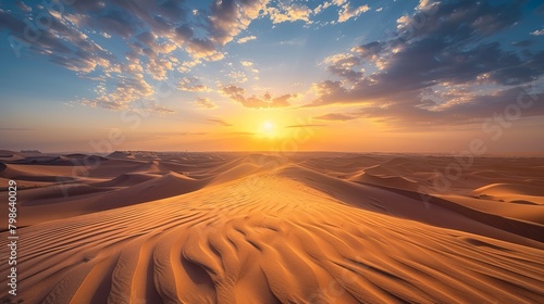 The sun sets over the vast desert sands, casting golden hues across the horizon in Dubai, United Arab Emirates. photo