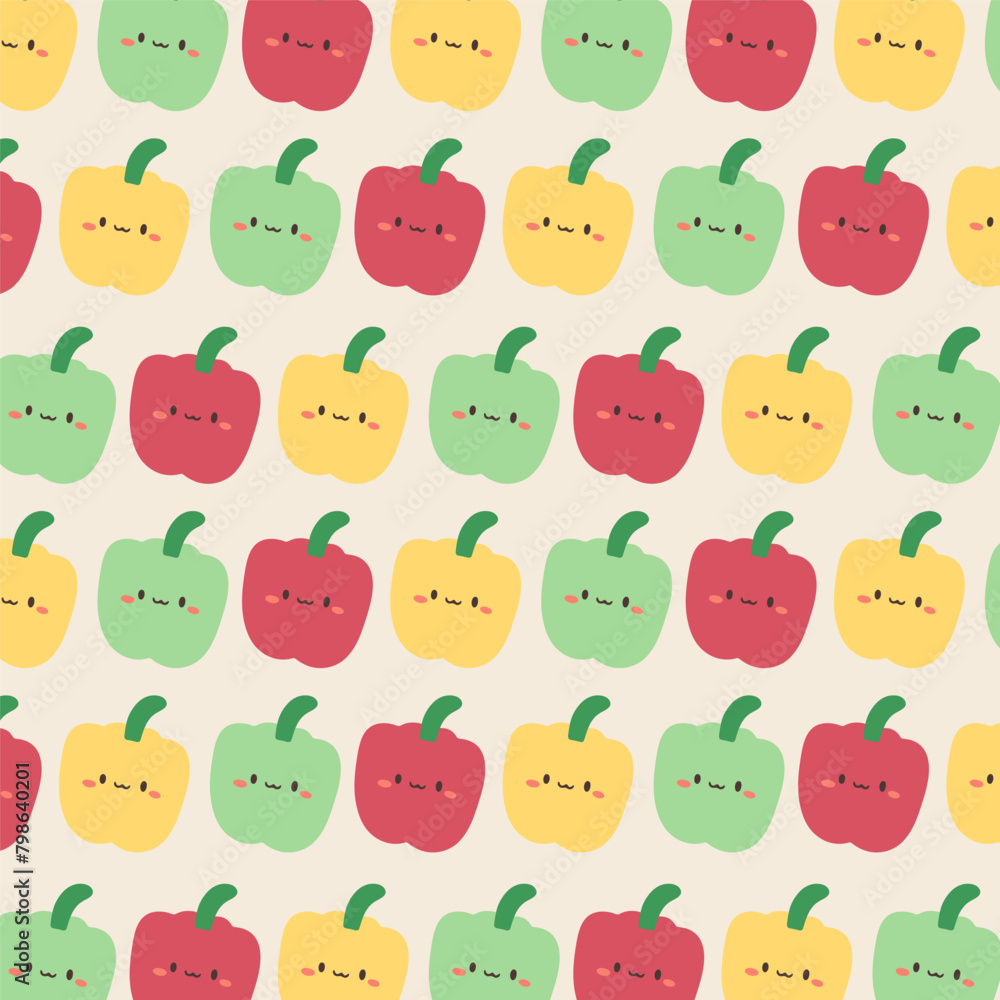 Obraz premium Bell pepper seamless pattern on white background.Yellow, green and red illustration of vegetables.