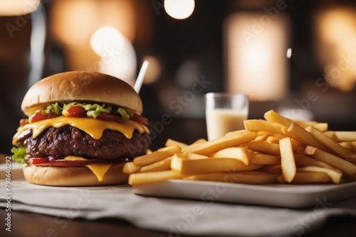 'cheeseburger french fries hamburger fast food eatery bar-b-q american beef bread bun burger calorie cheddar cheese closeup delicious delightful diet dinner eating fat grilled ground ketchup lettuce'