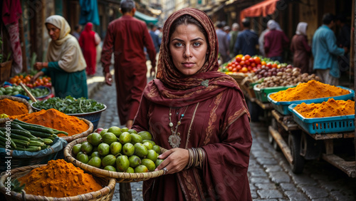 Muslim woman selling fruits and vegetables at the street market in India.