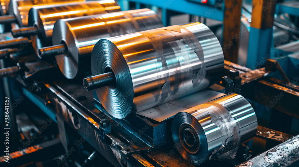 Industrial aluminum rolls in a manufacturing facility. Suitable for manufacturing or industrial concepts