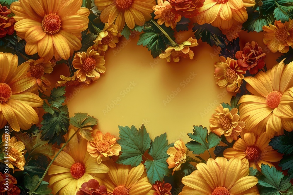 Fototapeta premium Vibrant Yellow Flowers in Circular Arrangement on Golden Background