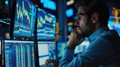 Professional investor sitting while looking financial graph from laptop desktop. Businessman analyzing stock market statistic chart while typing at keyboard and making decision for investment. AIG42.