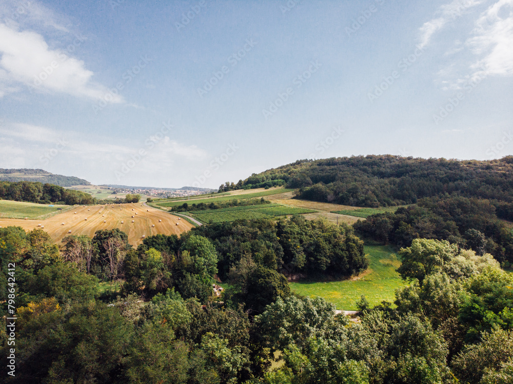 Obraz premium Vue aérienne d'un paysage rural varié. Paysage d'agriculture et de forêts. Paysage de campagne. Polyculture rurale. Paysage de Bourgogne. Alternance de cultures agricoles. Champs, prés, vignes, forêt