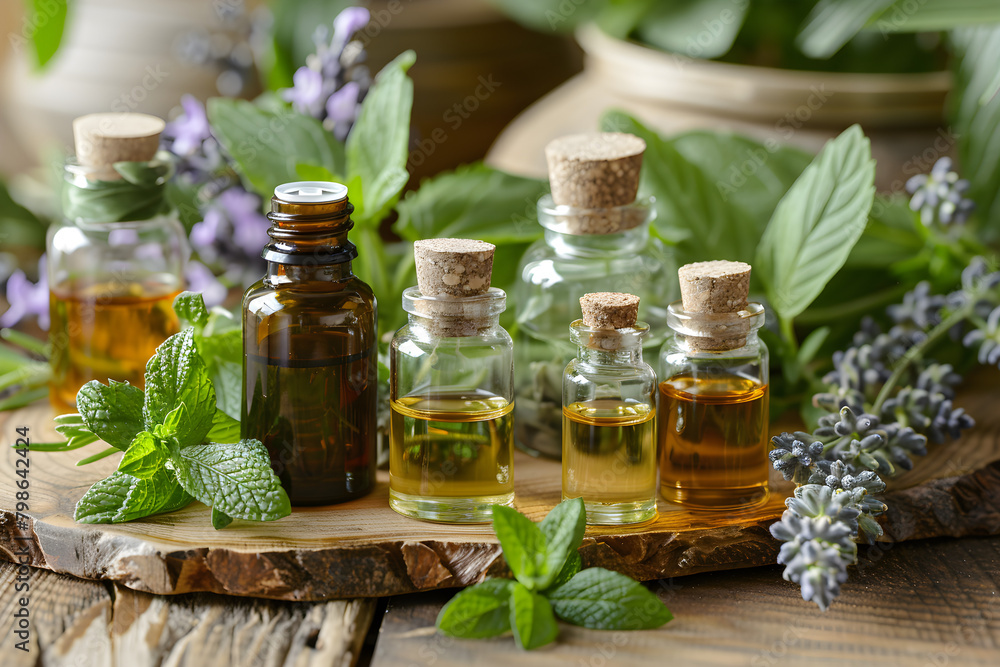 Assorted essential oil bottles with fresh plants on a wooden surface. Ideal for aromatherapy and home decor. Assorted essential oil bottles with fresh plants on a wooden surface. Ideal for aromatherapy and home decor.