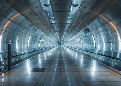 Modern Futuristic Airport Tunnel with Bright LED Lights and Reflective Floor