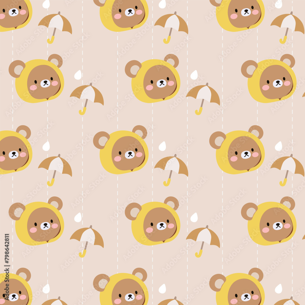 Fototapeta premium Hand drawn seamless pattern with cute bear and umbrella on brown background