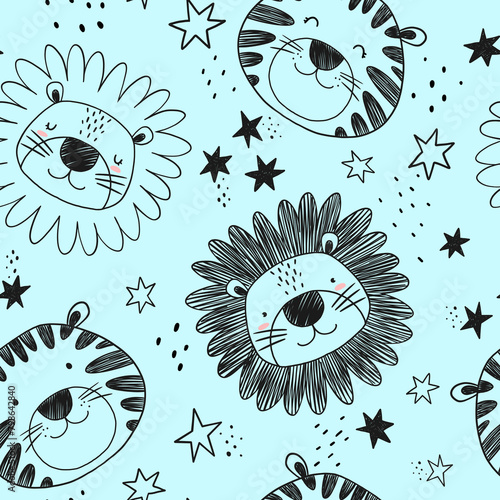 Cute kid's seamless pattern with pencil hand drawn lion and tiger smiling faces. Children's floral print. Stock baby illustration. Surface background and wallpaper design.